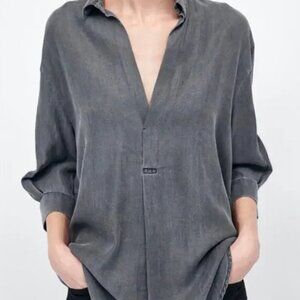 Zara women premium denim collection Top Medium Collared 3/4 Sleeve Pullover Gray